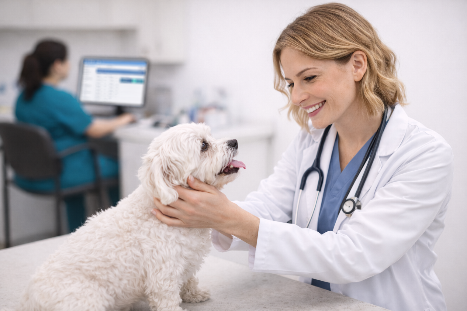 Veterinarian in white coat working on laptop while consulting with a pet owner and their dog